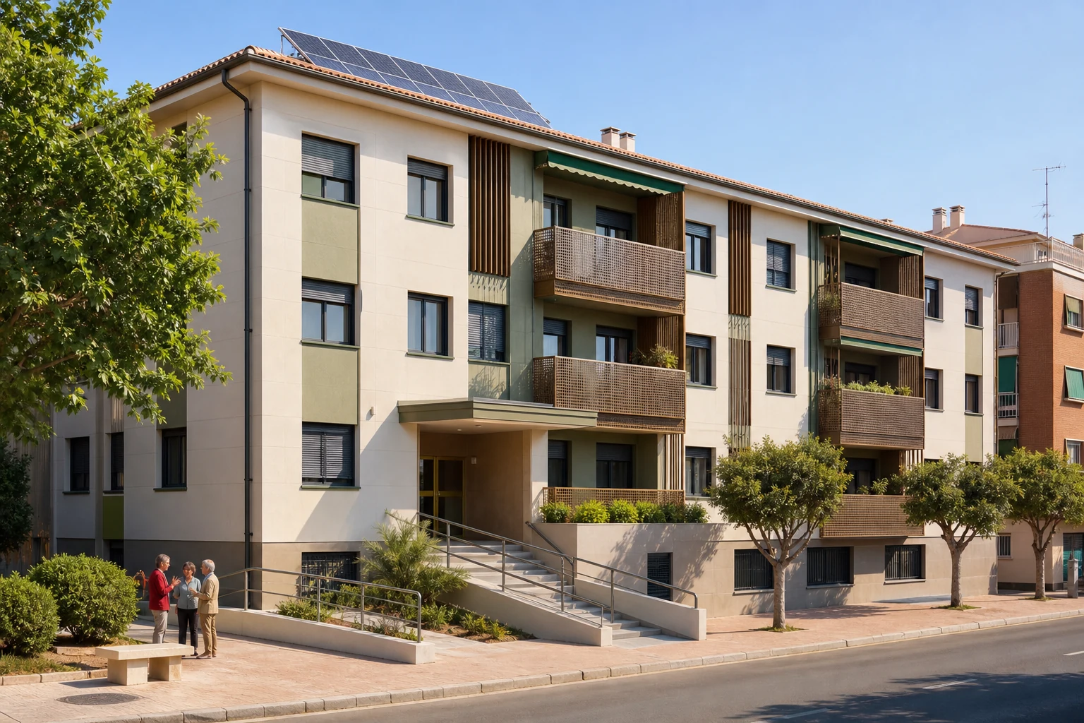 Visualización de un edificio de comunidad rehabilitado con accesibilidad y energía solar